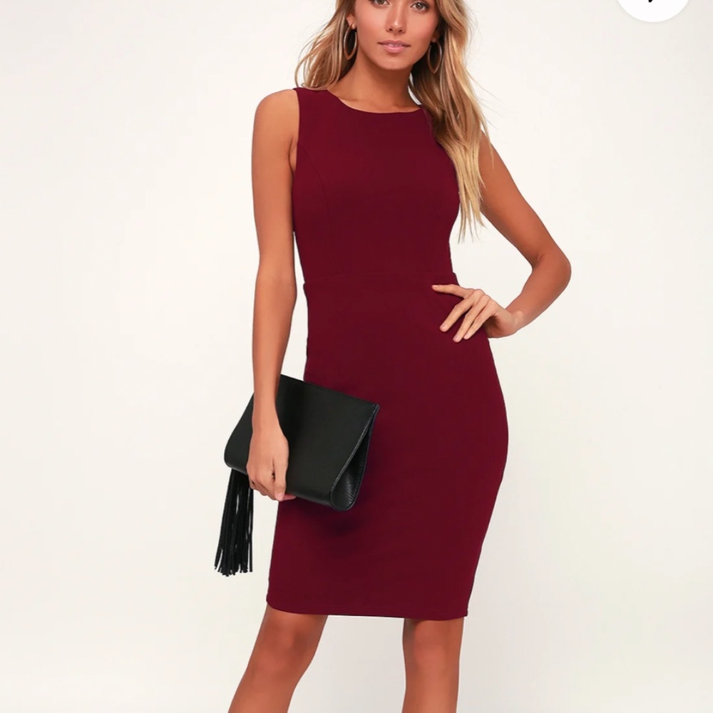SPEAK SWEETLY BURGUNDY LACE BODYCON BACKLESS MIDI DRESS LULUS  | Burgundy | XS